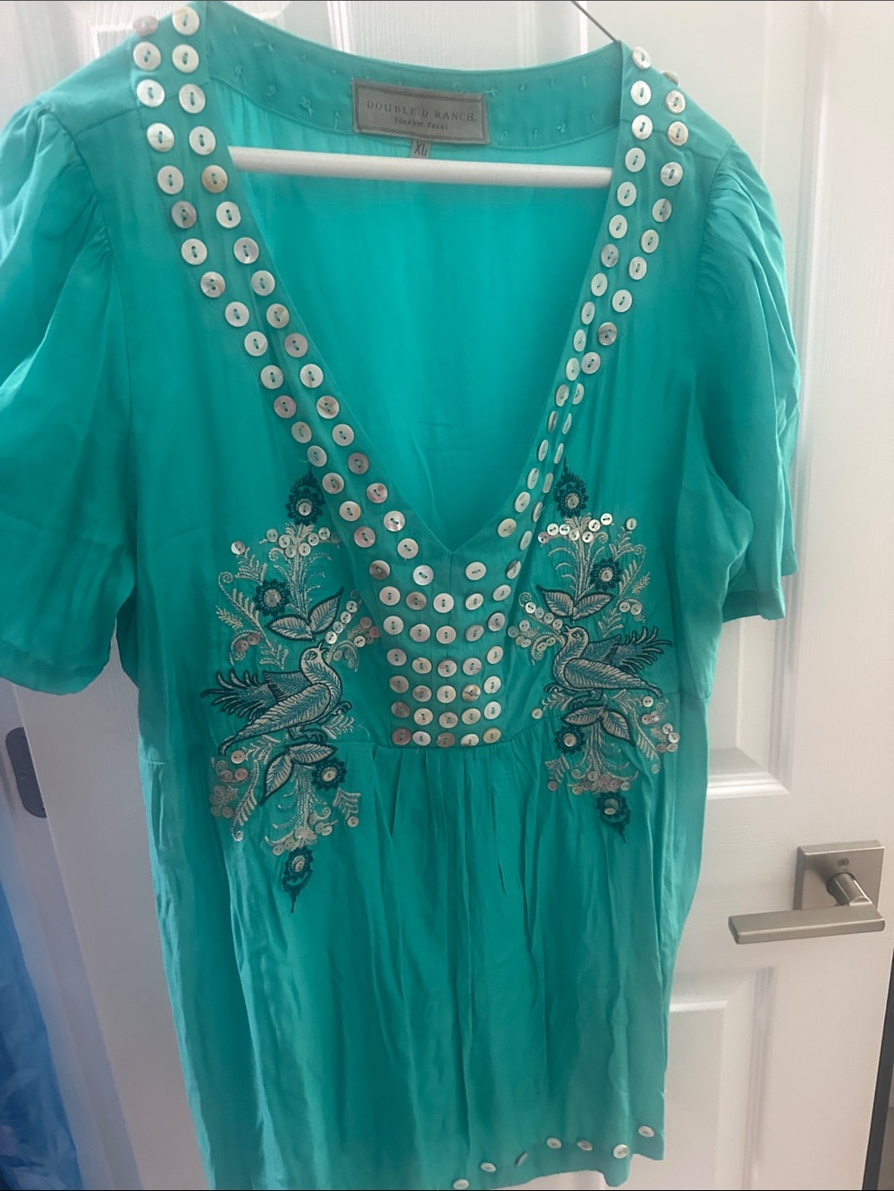 Double D Ranch Turquoise Embroidered Button-Trim Blouse